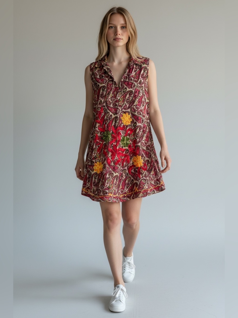 Flower Women’s Red Paisley Embroidered Shift Dress